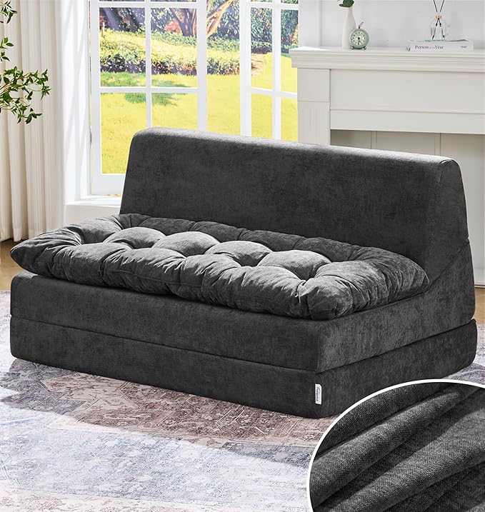Hobestluk Sofa Couch Folding Sofa Bed Sleeper Comfy Floor Lounger Loveseat Sofa with Removable Cushion Couches Foldable Mattress for Living Room Bedroom or Office (Chenille Grey, Oversize)