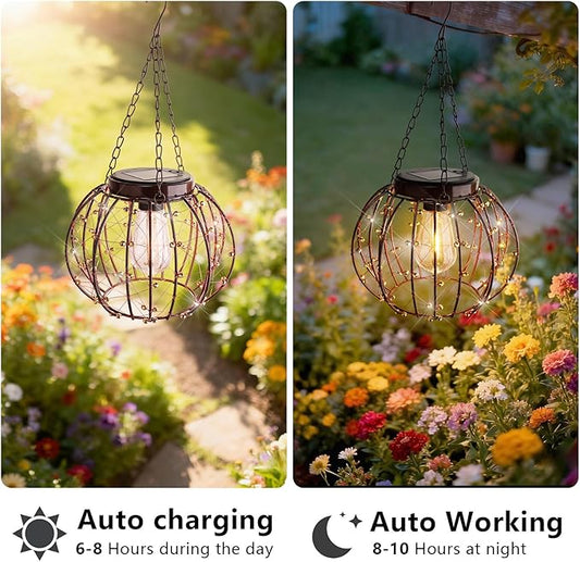 Hanging Solar Lanterns Outdoor Waterproof, Vintage Copper Hanging Lights, Solar Chandelier for Yard Garden Gazebo Pergola Porch Decor, 2 Pack