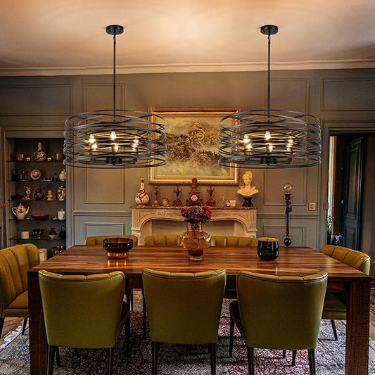 6-Light Dining Room Chandeliers Farmhouse,23.6" Large Black Farmhouse Chandelier,Wood Grain and Vintage Black Dining Room Light Fixture for Kitchen Entryway Living Room