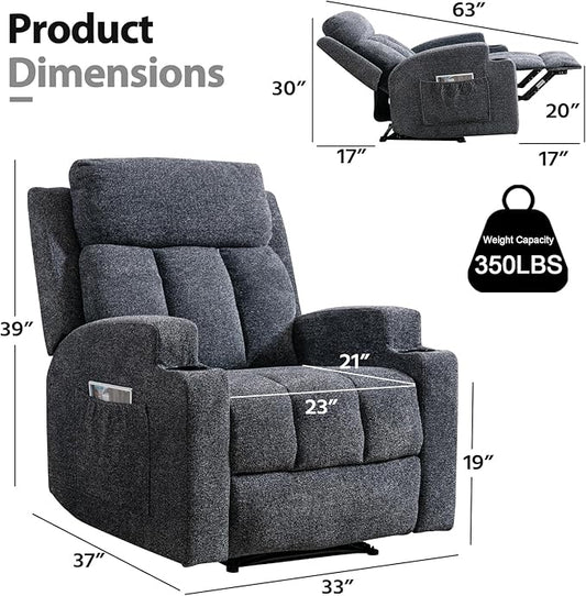 CANMOV Manual Massage Heat Recliner Chair Set of 3, Soft Fabric Recliner Chair with Overstuffed Arm and Back, Manual Reclining Single Sofa with 2 Cup Holders, Side Pocket for Living Room, Dark Grey