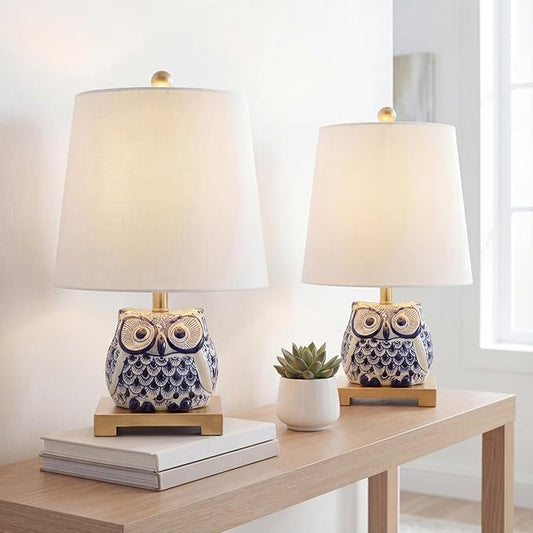 JONATHAN Y 16" Blue/White Ceramic Owl Mini Table Lamp for Bedroom or Office, Modern Farmhouse Nightstand Lamp with White Linen Shade, LED Bulb Included (JYL3014A-SET2)