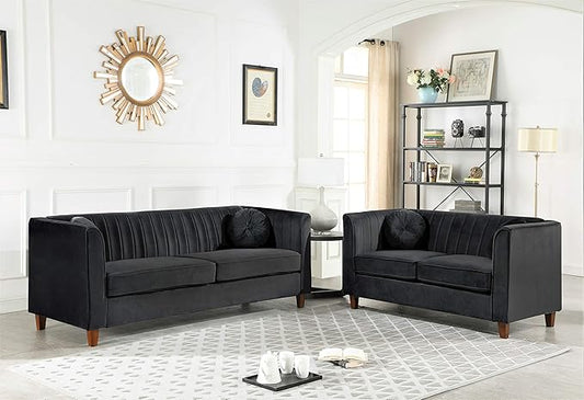Container Furniture Direct Arvilla Velvet Loveseat with Bolster Pillows, Soft Upholstery, Mid Century Modern Design, Chesterfield-Inspired Sofa Couch for Living Rooms, Midnight Black