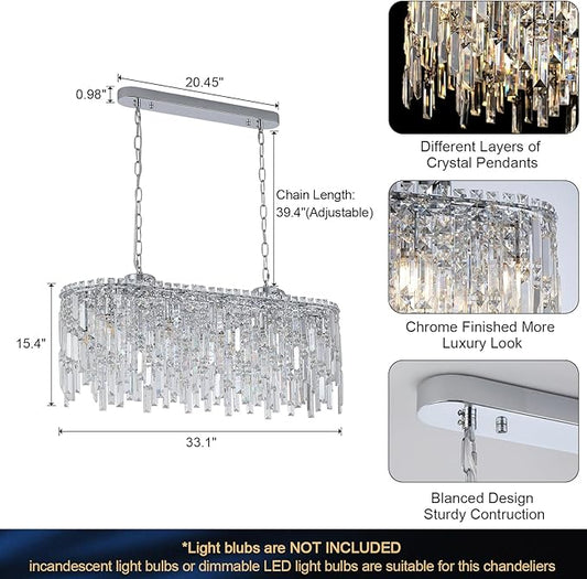 Rectangular Crystal Chandelier for Dining Room Modern Chrome Chandelier Linear Rectangle Pendant Light Fixtures for Kitchen Island L33” K9 Luxury Long Chandelier for Living Room