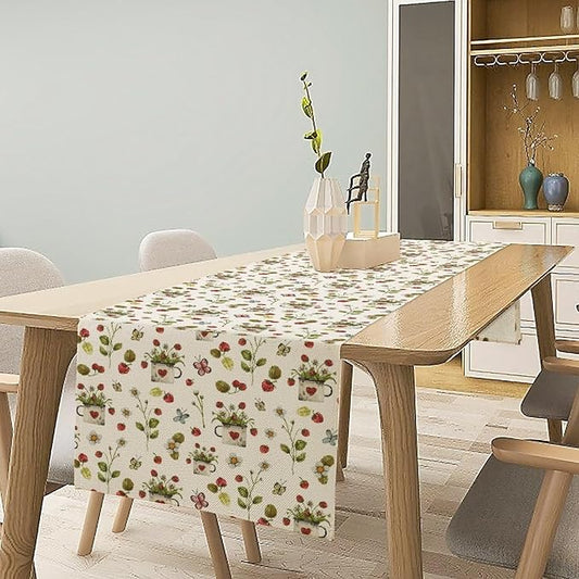 Strawberry Vintage Table Runne Boho Retro Flower Floral Butterfly Rustic Dining Table Decoration for Kitchen Dining Room Holiday Party Decor 13x36in