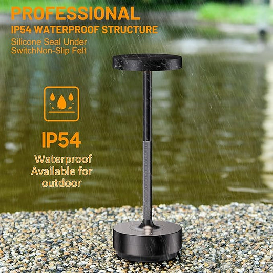 SAKRINGT 2 Pack Rechargeable Cordless Table Lamp - Battery Operated LED Portable Table Light with 3 Color Stepless Dimming, Memory Function - IP54 Waterproof for Outdoor, Restaurant, Patio, Camping
