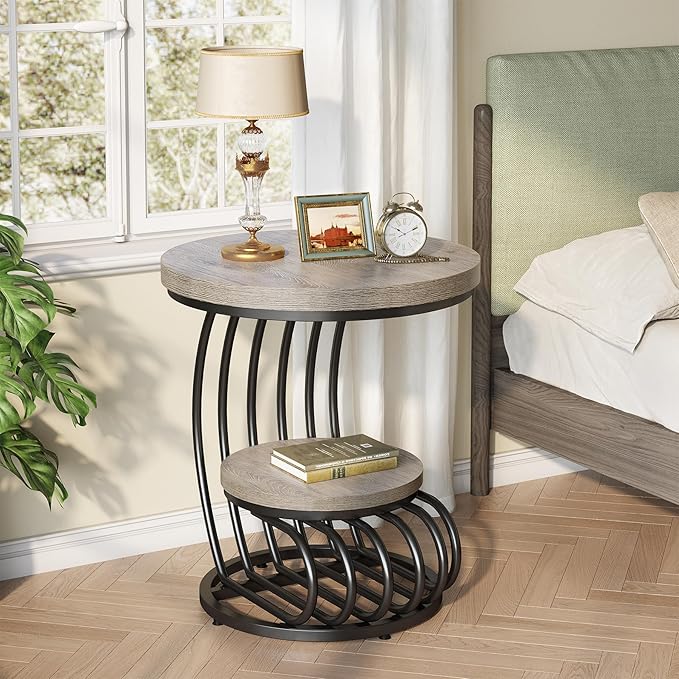 LITTLE TREE Round Side Table, Accent End Table with 2-Tier Shelf, Creative Curved Metal Frame, for Small Spaces, Grey + Black