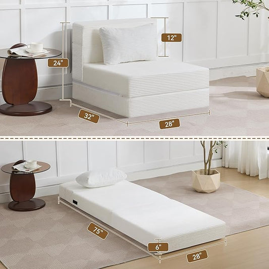 WUTUTUEE Folding Sofa Bed Convertible Floor Couch Foldable Chair Bed with Pillow,Linen Sleeper Chair Futon,Foldable Memory Foam Mattress for Bedroom/Living Room/Dorm/Office (Corduroy White, Single)