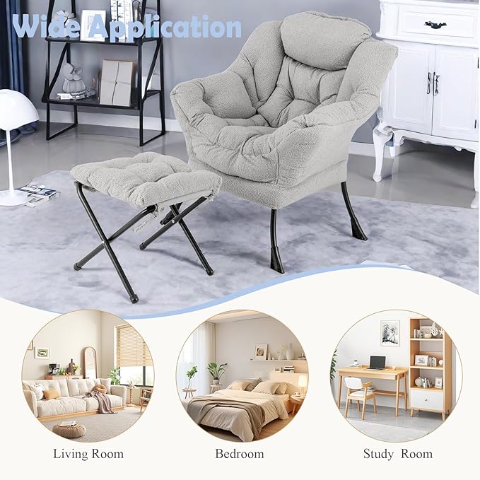 GORELAX Lazy Chair with Ottoman, Modern Accent Chair w/Armrests & Side Pocket, Upholstered Lounge Sofa Chair & Folding Footstool Set, Reading Chair for Bedroom, Living Room, Dorm Room (Plush Grey)