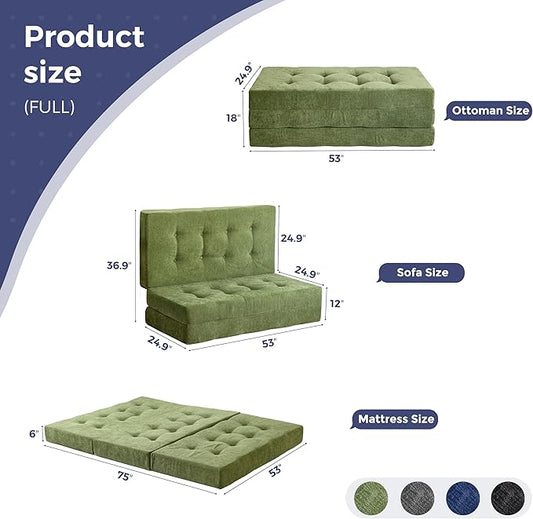 MAXYOYO Tri-Fold Mattress, 6 Inch Tufted Folding Mattress with Chenille Fabric, Portable Full Size Floor Guest Mat for Adults, Foldable Topper for Camping, Green, 53"x75"