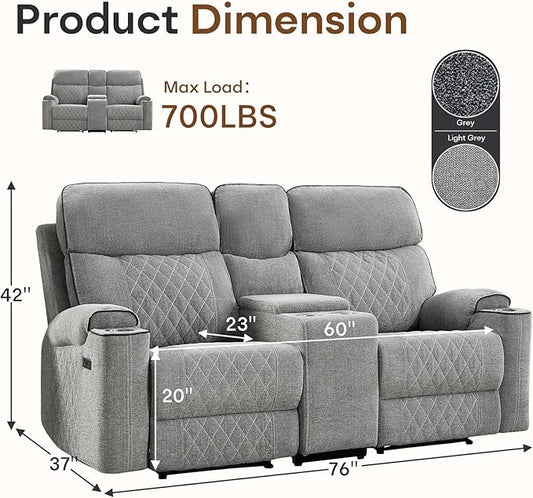 HAOMARKETS Power Reclining Loveseat Sofa with USB & Type-C Charging Port, Breathable Fabric 2-Seater Electric Recliner Couch with Cup Holders & Storage Console for Living Room, Light Grey