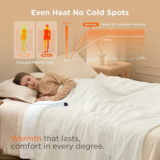 Bedsure GentleSoft Electric Blanket Twin - Soft Ribbed Flannel Heated Blanket, Heating with 10 Time Settings, 6 Heat Settings, and 8 hrs Timer Auto Shut Off, Gifts for Grandma (62"x84", Coconut White)