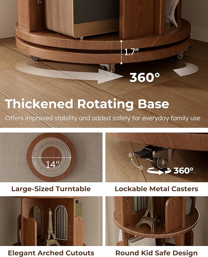 Solid Wood Rotating Bookshelf Tower, 6 Tier Corner Bookshelf with Bookends, Kids Spinning Book Shelf with Wheels, Revolving Bookcase Shelf, Tall Narrow Bookshelves for Small Spaces, Walnut