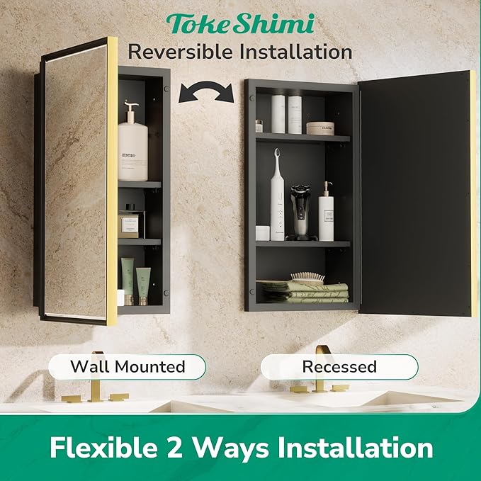 TokeShimi 36x24 Bathroom Mirror with Storage Beveled, Gold Recessed Medicine Cabinet with Mirror Aluminum, Surface Mounted Metal Medicine Cabinets for Bathroom Vanity Wall