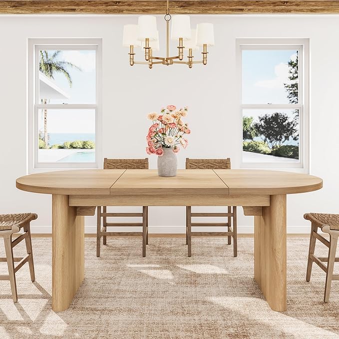 GarveeHome Oval Dining Table for 6-8 People, Long Large Kitchen Table with Thick Sturdy Wooden Base, Farmhouse Dining Room Table for for Kitchen, Living Room, Office (70.87" Long,Natural)