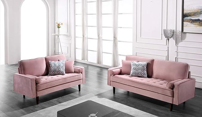 Container Furniture Direct Womble 58 Inch Velvet Loveseat Sofa with Elegant Button Tufted Upholstery, Square Arms, Splayed Wood Legs, Includes Matching Bolster Pillows, Rouge