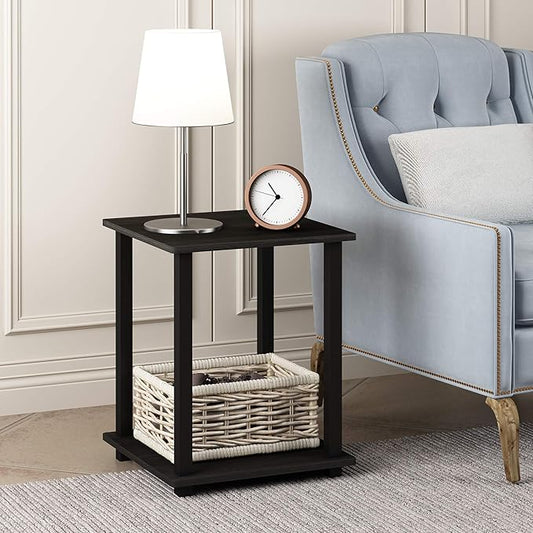 Furinno SIMPLISTIC Side Table Set of 2, 2-Tier Square Modern End Table, Nightstand, Night Stand, Bedside Table, Toolless Assembly, for Living Room, Bedroom, Dark Walnut