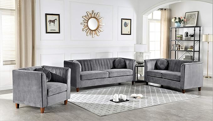 Container Furniture Direct Arvilla Velvet Chair with Bolster Pillows, Soft Upholstery, Mid Century Modern Design, Chesterfield-Inspired Accent Armchair for Living Rooms, Fossil Grey