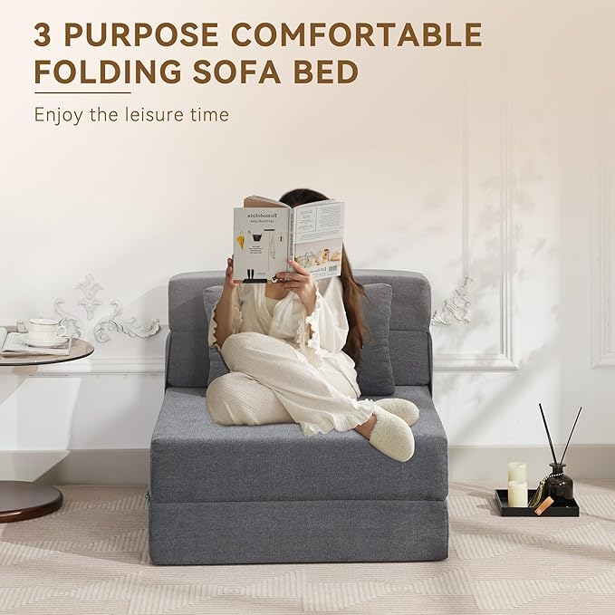 WUTUTUEE Folding Sofa Bed Convertible Floor Couch Foldable Chair Bed with Pillow,Linen Sleeper Chair Futon,Foldable Memory Foam Mattress for Bedroom/Living Room/Dorm/Office (Dark Grey, Single)