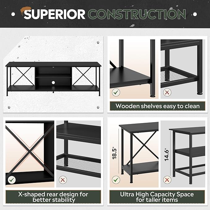 WLIVE Industrial TV Stand for Up to 70 inch TV, Heavy-Duty Metal Frame Entertainment Center with Adjustable Shelves & Cable Management, Large Media Console for Living Room, Black