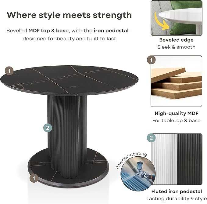 Homes: Inside + Out Elara Modern 39-inch Round Dining Table with Fluted Pedestal Base, Seats up to 4, for Home Kitchen, Living Room, White