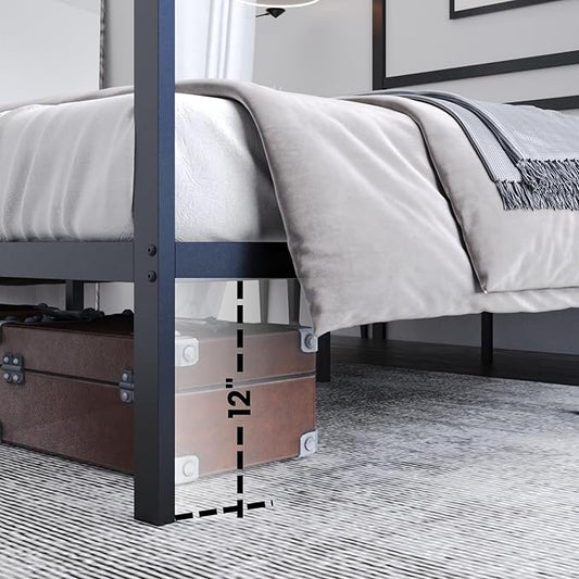 Golden Gate Beds Canopy Bed Frame with Four Poster Design, Strong Metal Slats and Built-in Headboard, Fits Drapes or Curtains, No Box Spring Needed, Girls or Teen Princess Style, Black, Queen Size