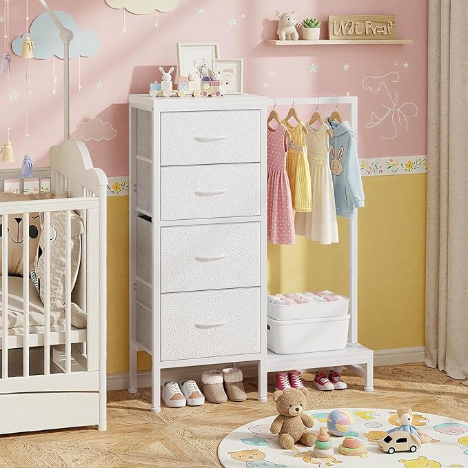 Dresser with Hanging Rack, 4 Drawers Small Closet for Bedroom, Reversible Fabric Kids Chest of Drawers with Clothes Rack, Tall Storage Tower, Sturdy Frame, White, 44''H