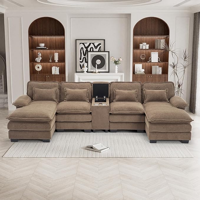 133" Oversized U Shaped Cloud Couch Modular Sectional Couches for Living Room Comfy Chenille Deep Seat Sofa Set with Double Chaise Lounge, Storage Central Console, Cup Holders, USB Port, Brown