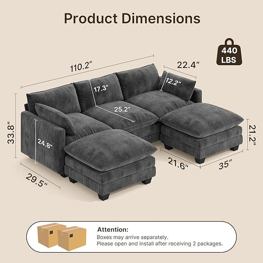 Gizoon 110'' U Shaped Corduroy Comfy Sectional Couches for Living Room 3 Seater Cloudy Sofa with 2 Movable Ottomans Pet Friendly Cloud Couch for for Living Room Bedroom and Apartment, Gray