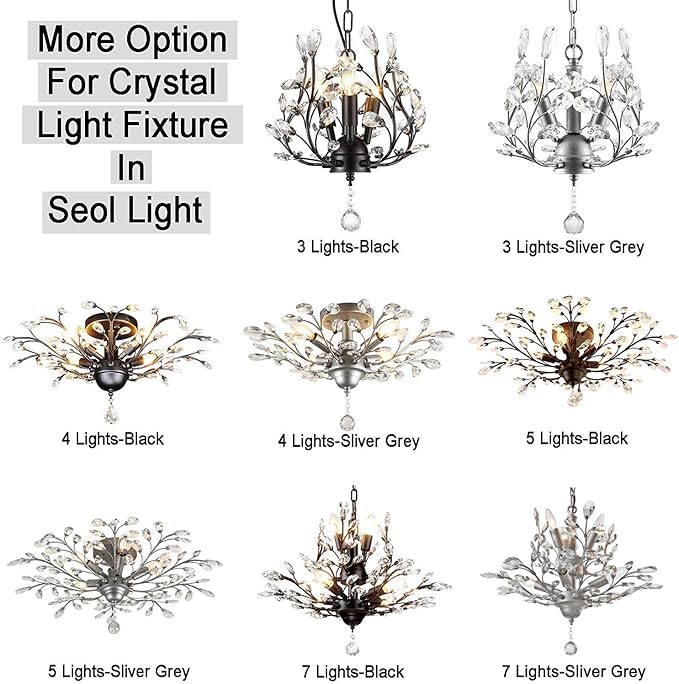 SEOL-Light 24.5" Dia 4-Light Frozen Crystal Branch Close to Ceiling Light Silvery Grey Flush Mount Fixture,E12,160W, Chandeliers for Bedroom,Living Room,Entryway;
