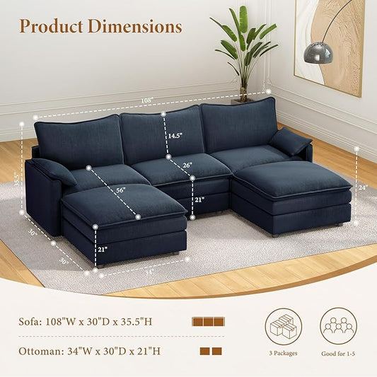 Vesgantti 108" U Shaped Sectional Couch, Deep Seat Cloud Modular Sectional Sofa with 2 Ottoman, Modern Chenille Cloud Sofa Height Adjustable for Living Room, Bedroom and Apartment, Blue | Sink-in Comfort, Height Adjustable, Easy Rearrangement, Extra-de...