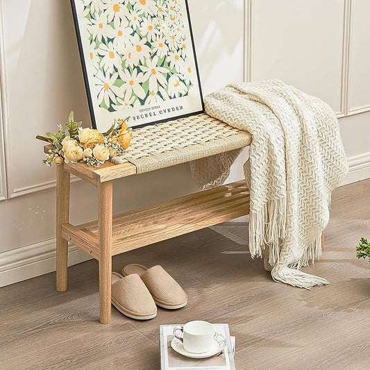 Solid Wood Narrow Bench with Storage, 33.46" Woven Bench for Entryway and Hallway, End of Bed Bench with Oak Frame, Boho Accent Bench (Natural White)