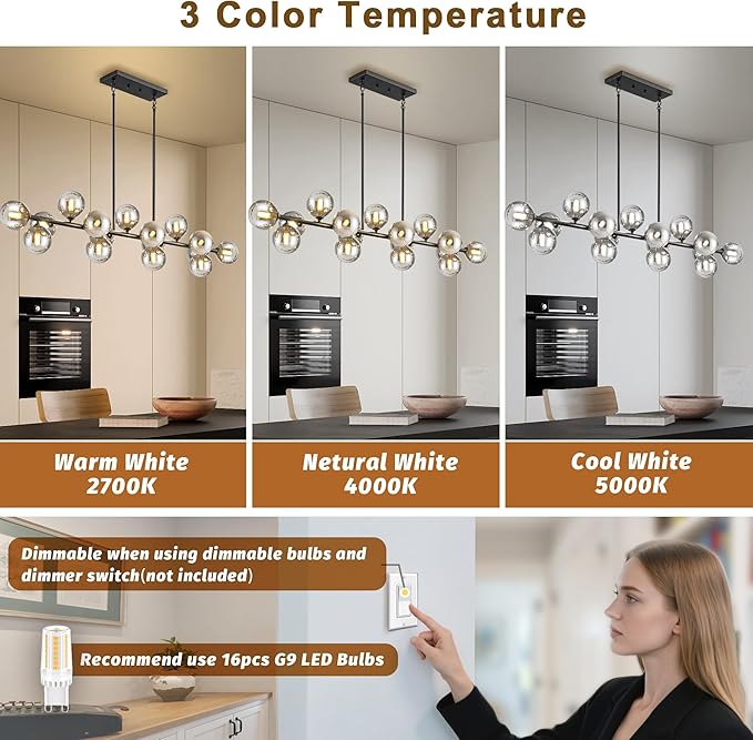 Chandelier,16-Light Black Linear Sputnik Chandelier 55inch Large Pendant Lights Kitchen Island Modern Chandeliers for Dining Room Light Bubble Gray Globe Kitchen Island chandelier Farmhouse Chandelier