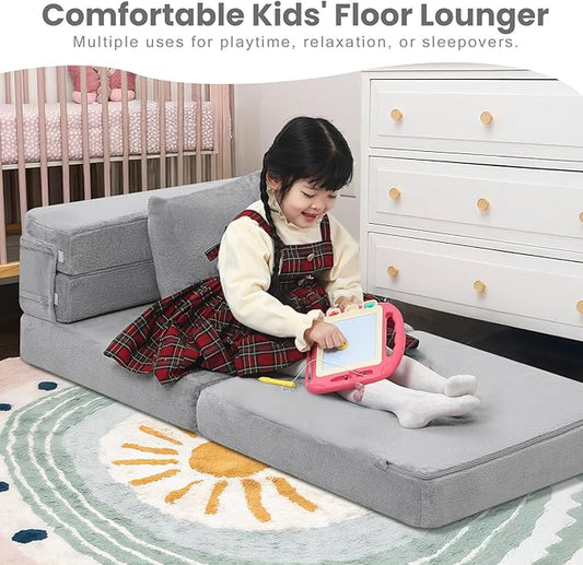 MeMoreCool Foldable Futon Chair Bed for Kids, Grey Tri-fold Convertible Toddler Sofa Mattress, Foam Floor Couch for Sitting
