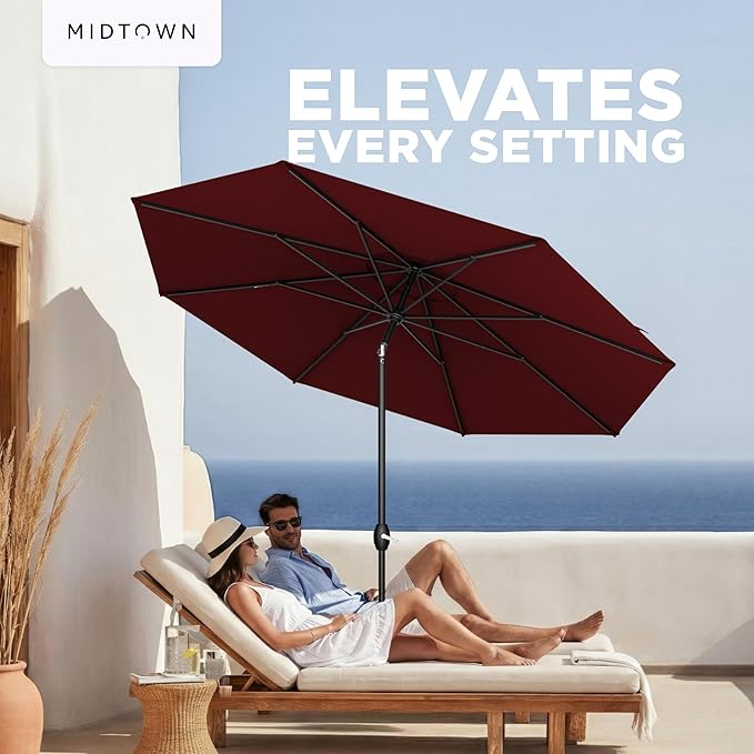 Midtown Umbrellas – The Lean 9 Ft Patio Umbrella with 10-Year-No-Fade Acrylast Acrylic Fabric, Auto-Tilt and 8 Reinforced Ribs for Deck, Pool, Garden, Hotel & Cafes – Bordeaux Canopy, Black Pole