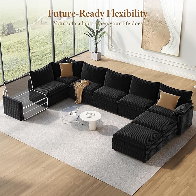 Vesgantti Large Modular Sectional Sofa, Big Comfy Cloud Couch with Ottoman Deep Seat Corduroy Cloud Sofa, 8 Seater Large Sectional Couches for Living Room, Bedroom and Apartment, Black | Sink-in Comfort, Height Adjustable, Easy Rearrangement, Extra-dee...