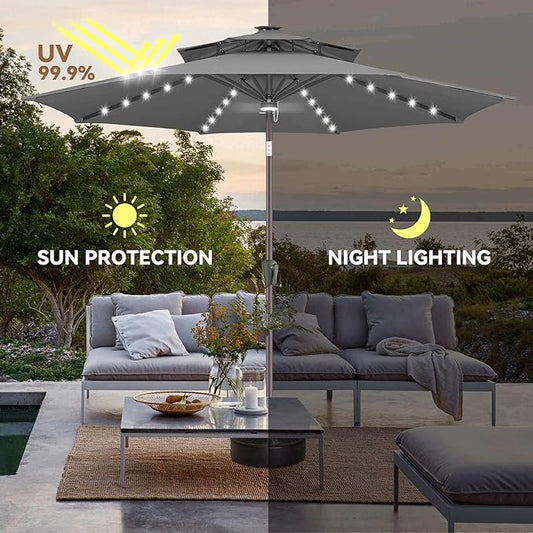 9FT Solar Umbrella Outdoor - 2-Tier Lighted Solar Patio Umbrella with 40 LED Lights Waterprool UV Protection, Table Umbrella with Tilt for Pool, Porch, Garden, Backyard (Anthracite)