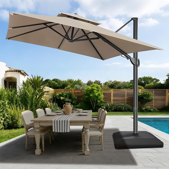 FLAME&SHADE 10x10 FT Cantilever Patio Umbrella - Aluminum Offset Umbrella with Tilt & 360-Degree Rotation, 3 Years Fade Resistance Fabric Large Patio Umbrella Outdoor for Deck Pool Garden - Taupe