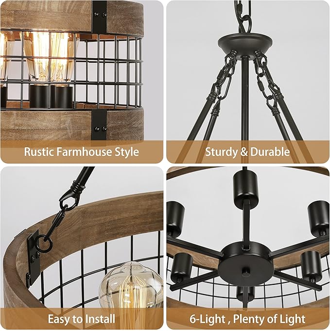 6-Light Farmhouse Chandelier for Entryway, Rustic Dining Room Light Fixtures, Industrial Drum Hanging Lighting for Kitchen Island Foyer, Black Wood and Black Metal Finish