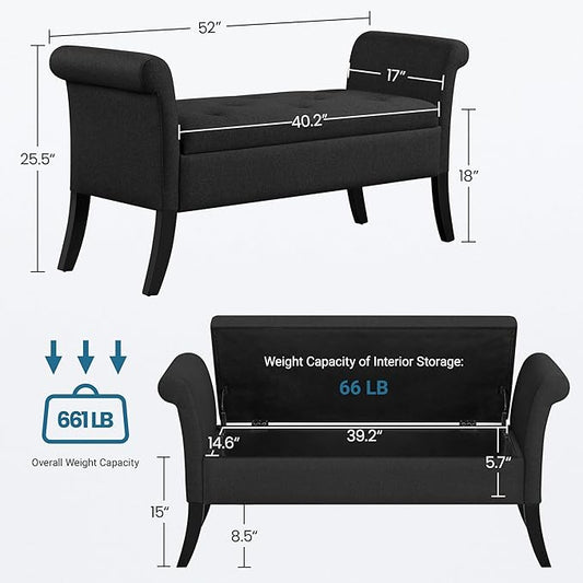 Yaheetech Ottoman with Storage, 52" Storage Ottoman Bench with Safety Hinge, Upholstered Bench with Seating for Bedroom, Living Room, Holds up to 661 lb, Black