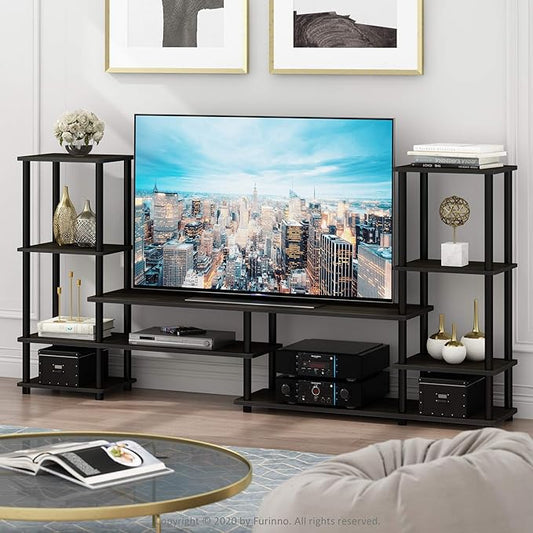 Furinno TURN-N-TUBE TV Stand, Wide Open Frame Entertainment Center with Open Shelves Storage, TV Console with Tall Side Shelves for TV up to 48 Inch, for Living Room, Bedroom, Espresso