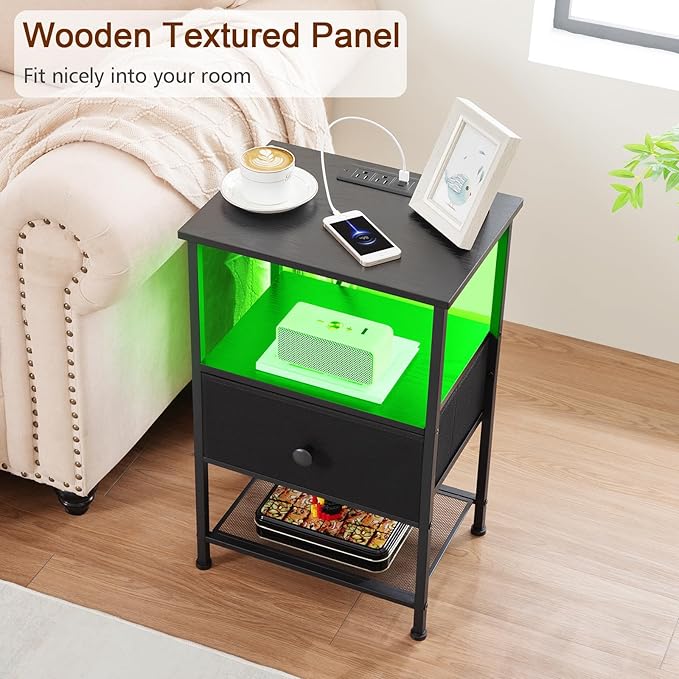 Night Stand Set 2, LED Nightstand with Charging Station, End Tables Living Room with Fabric Drawer, Small Bed Side Tables for Bedroom, Small Space, Black, HETS01BK