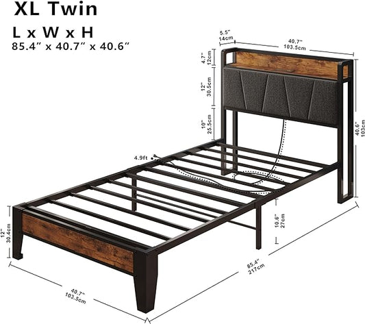 LIKIMIO Twin XL Bed Frames, Storage Headboard with Charging Station, Solid and Stable, Noise Free, No Box Spring Needed, Easy Assembly