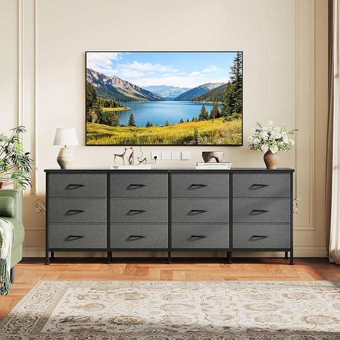 DUMOS TV Stand for Bedroom with Storage TV Stands for Living Room Grey, 12 Drawer Dresser Farmhouse Entertainment Center for up to 80 Inch TVs, Media Console Table with Metal Frame Adjustable Feet