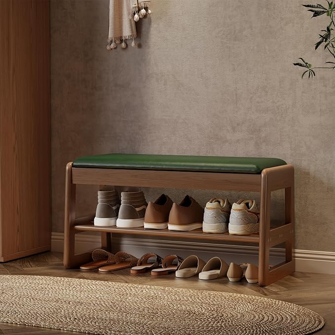 AQIMUELE Shoe Rack Bench,2 Tiers Shoe Bench with Storage with Flip-Top,Wood Shoe Rack for Entryway,Hallway(Green Upholstered Seat)