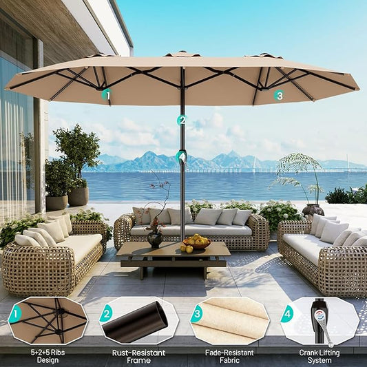 AreShark 15FT Outdoor Patio Umbrella with Crank, Large Rectangular Market Umbrella, Double-Sided Outdoor Umbrellas with Cross Base & Sandbag for Porch, Lawn, Pool, Backyard, Beige
