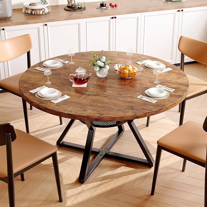 Concho 47" Round Dining Room Table for 4-6,Circle Kitchen Dining Dinner Table with Pedestal Metal Frame,Space Saving Wood Kitchen & Dining Room Furniture, Rustic Brown