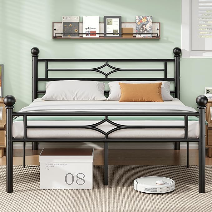 BedsPick Queen Bed Frame with Headboard and Footboard, Metal Platform Bed Frame with Round Corner Ball, 1200 LBS Heavy Duty Steel Slats Support, No Box Spring Needed/Noise-Free/Easy Assembly, Black