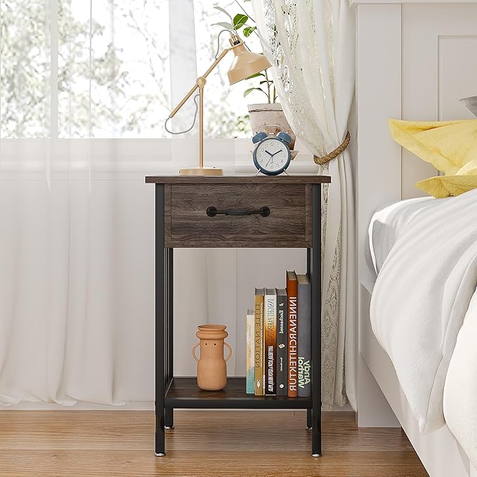 VECELO Night Stand Set 2 with Drawer and Storage Shelf,15.7x11.8x23.6 inches Bedside Table End Table,Wood Nightstands for Bedroom, Living Room,Sofa,Gray,2 Sets