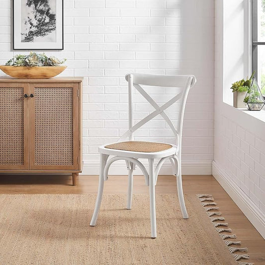 Modway Gear Rustic Modern Farmhouse Elm Wood Rattan Dining Chair in White