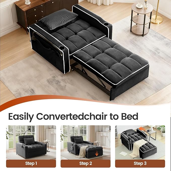 Sleeper Chair, Pull Out Chair Sleeper with Bracket and Cup Holder, Single Convertible Chairs Bed Sleepers for Adults, 3 in 1 Sofa Bed Chairs for Small Spaces, Living Room, Black